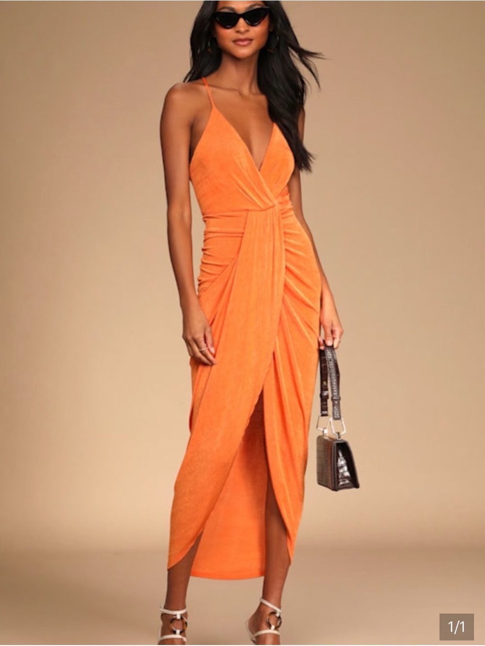 LULUS | Orange Draped Midi Dress with Plunging V-Neck